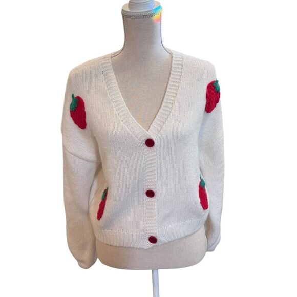 Strawberry Cardigan Knit Sweater in white L - Picture 1 of 4
